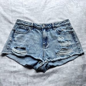 PacSun High Rise Festival Shorts Denim Blue Distressed Pockets Women’s Size 27